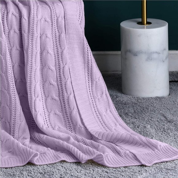 LIlac Purple Cozy Knit Cable Knit Weave Pattern Decorative Bed Accent Blanket - Picture 6 of 9